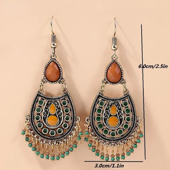Boho Style Tassel Dangle Earrings Silver Plated Brown Orange 2 1/2" Drop NEW - Picture 5 of 14